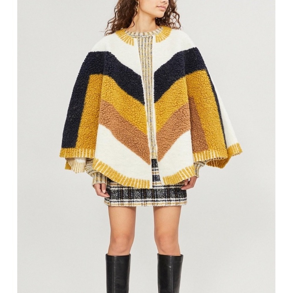 Maje Elby Chevron Wool Blend Cape Poncho Navy Yellow Tan EUC Fall